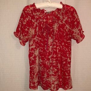 Dalia M Red Ivory Cloud Button Front Tassel Tie Romantic Blouse